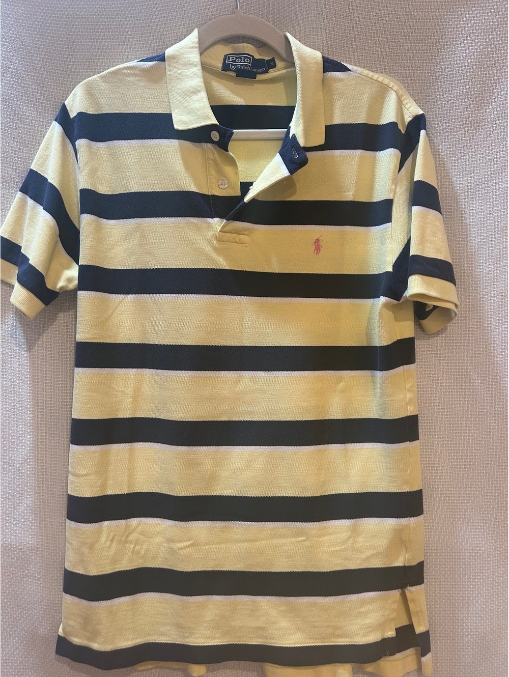 Polo by Ralph Lauren Men's Medium Yellow and Navy Blue Striped Polo Shirt